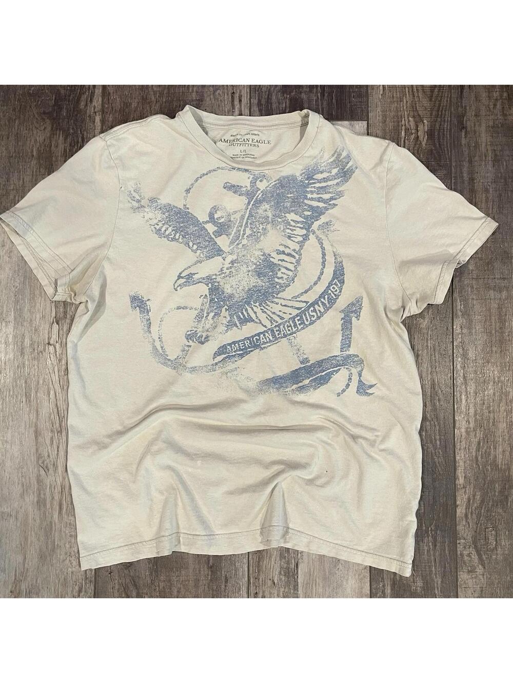 y2k American Eagle Graphic Tee Grey Blue Spell out Logo Bird Unique Design Sz L